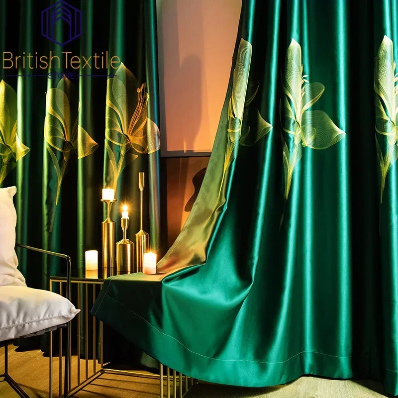 

European Embroider Luxury Curtains for Living Room Blackout Bedroom Dining Lily Custom Tulle Sheer Window Drape Green Cortinas
