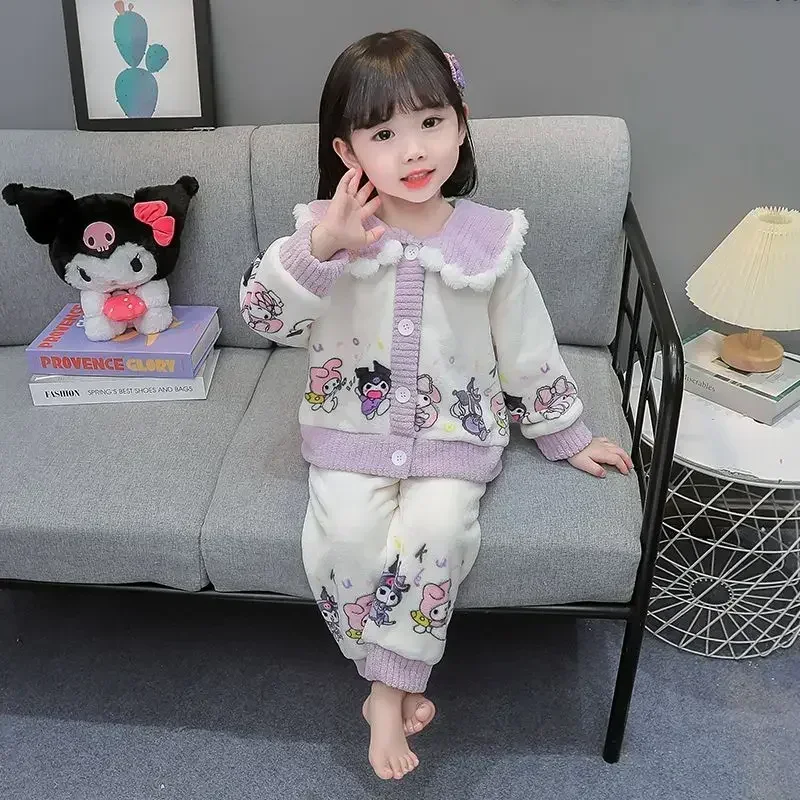 

Sanrio Kuromi Anime Kawaii Ins Coat Pants Set Pajamas Winter Cute Cinnamoroll Flannel Children Coral Velvet Homewear Jacket Toys