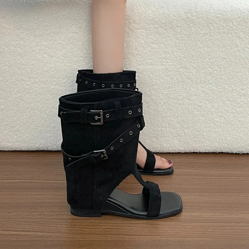 Casual Buckle Strap Internal Elevation Shoes Vintage Summer Daily Wear Gladiator Shoes Open Toe Women Mid Calf Sandals Boots