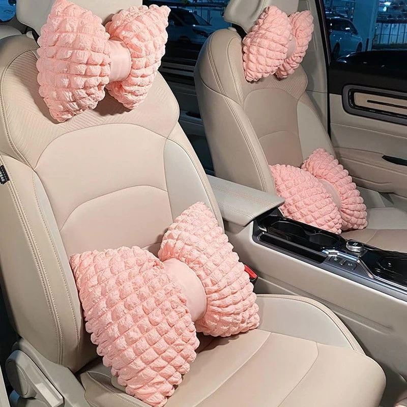 Auto Nackenkissen Bequeme Weiche Rosa Auto Kopfstütze Lendenwirbelstütze Cartoon Bowknot Auto Taille Nackenkissen Auto Innendekoration
