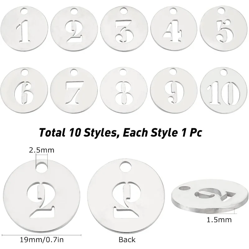 10Pcs 1-10 Number Charms Silver Stainless Steel Flat Round Hollow Disc Charms Lucky Numbers Metal Coins for Jewelry Making Charm