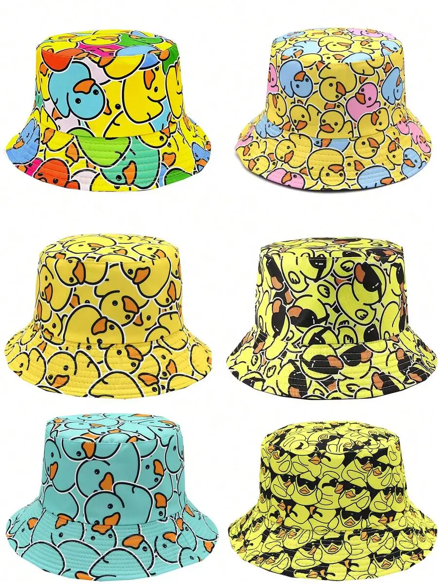 Sombrero tipo pescador informal con estampado de patito de dibujos animados, colorido, unisex, para protección solar al aire libre, adecuado para vacaciones