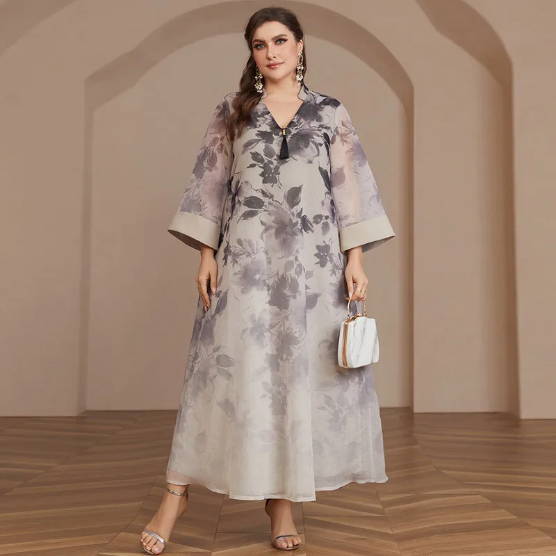 

Muslim South East Asia Fashion Ice Silk V-Neck Long Sleeve Dress Robe Fashion Simple Temperament Elegant Holiday Style High-end