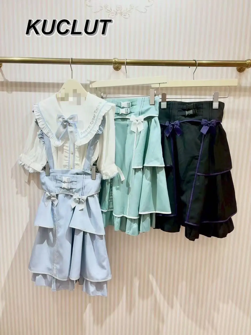 Conjuntos de dos piezas de estilo japonés para mujer, traje informal de Lolita, Top de manga corta a la moda, falda con tirantes y borde con volantes, conjunto para primavera y verano