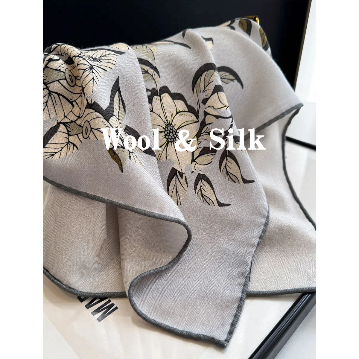 2026 Elegant Floral Wool Silk Scarf Gray Orange Floral Neck Scarves 82% Wool 18% Silk Women's Winter Shawls Woman Accessory