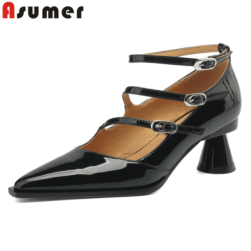 

ASUMER 2024 New Patent Genuine Leather Women Pumps Mary Janes Pointed Toe High Heels Office Dress Shoes Spring Summer Shoes