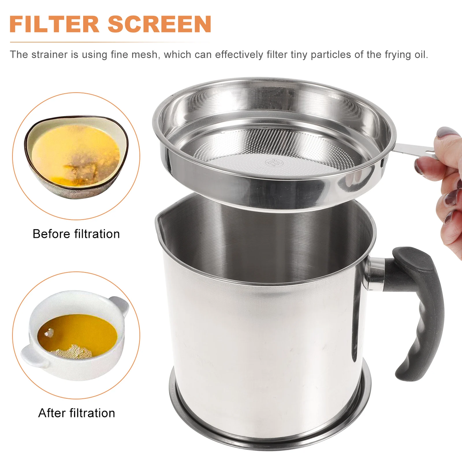 

1 set 1 Set Stainless Steel Strainer Pot Fine Mesh Grease Container Kitchen Oil Storage Can Dishwasher Safe Household Oil Pot