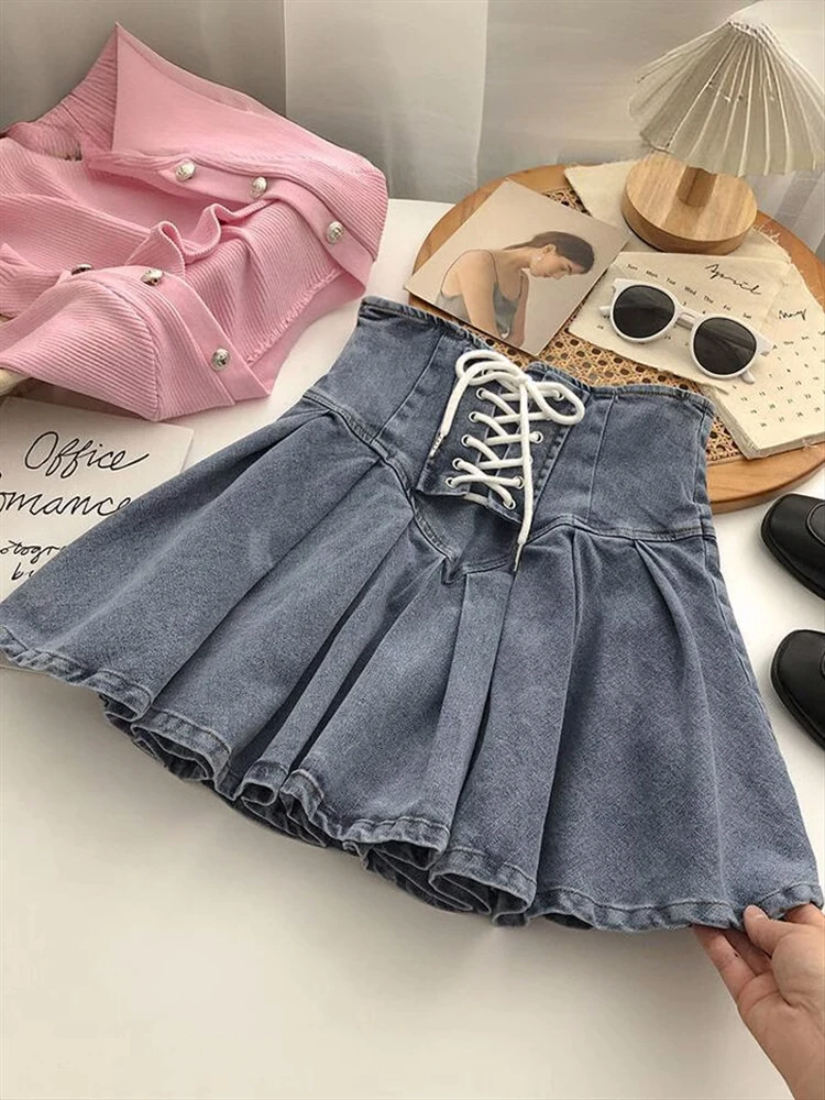 

Pleated Denim Skirts Women Bandage Hotsweet Mini Vintage Elastic Skirt Y2k Fashion Spicy Girl High Waist Skirts Women's Clothing