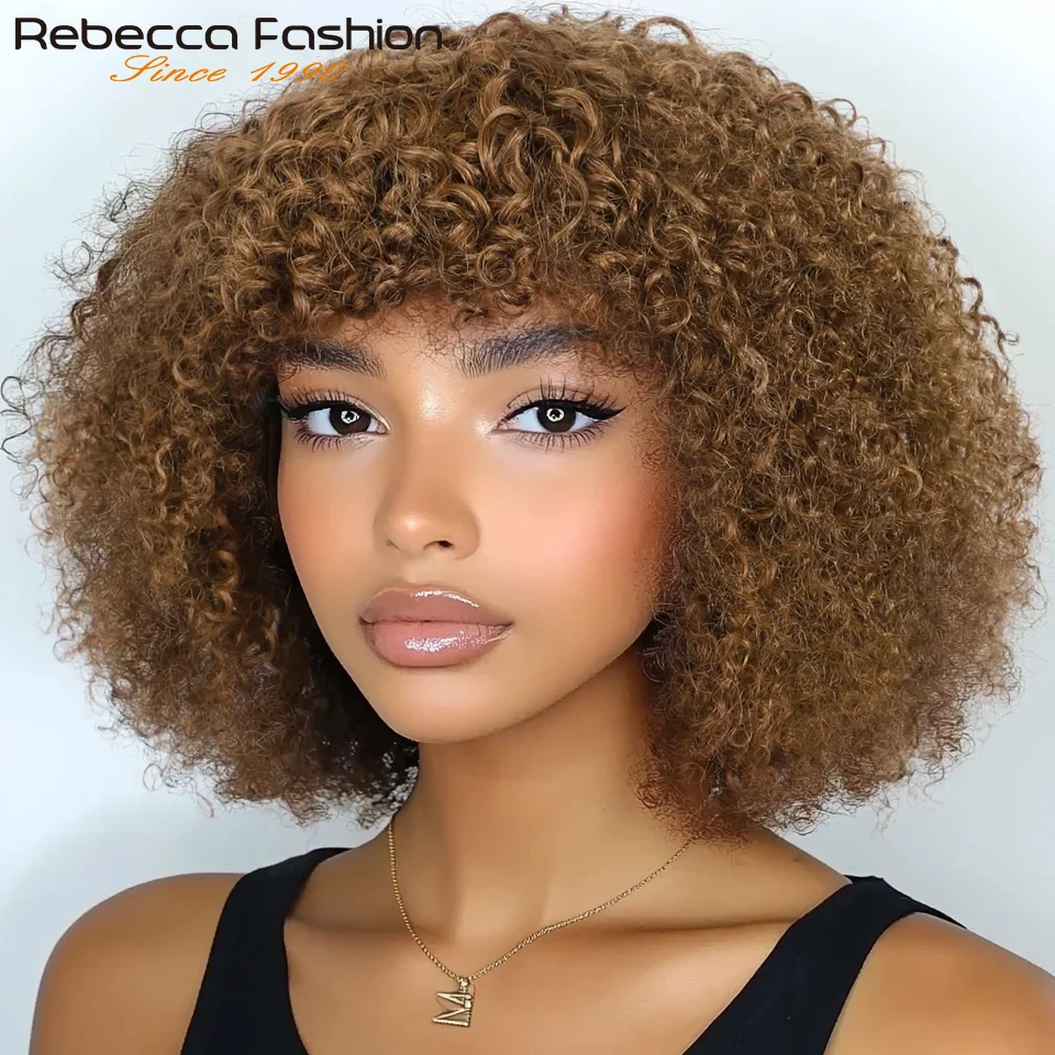 

Afro Kinky Curly Human Hair Wigs with Bangs Wear to go Glueless Wig 250 Density Brazilian Short Curly Bangs Wig Virgin Remy Hair