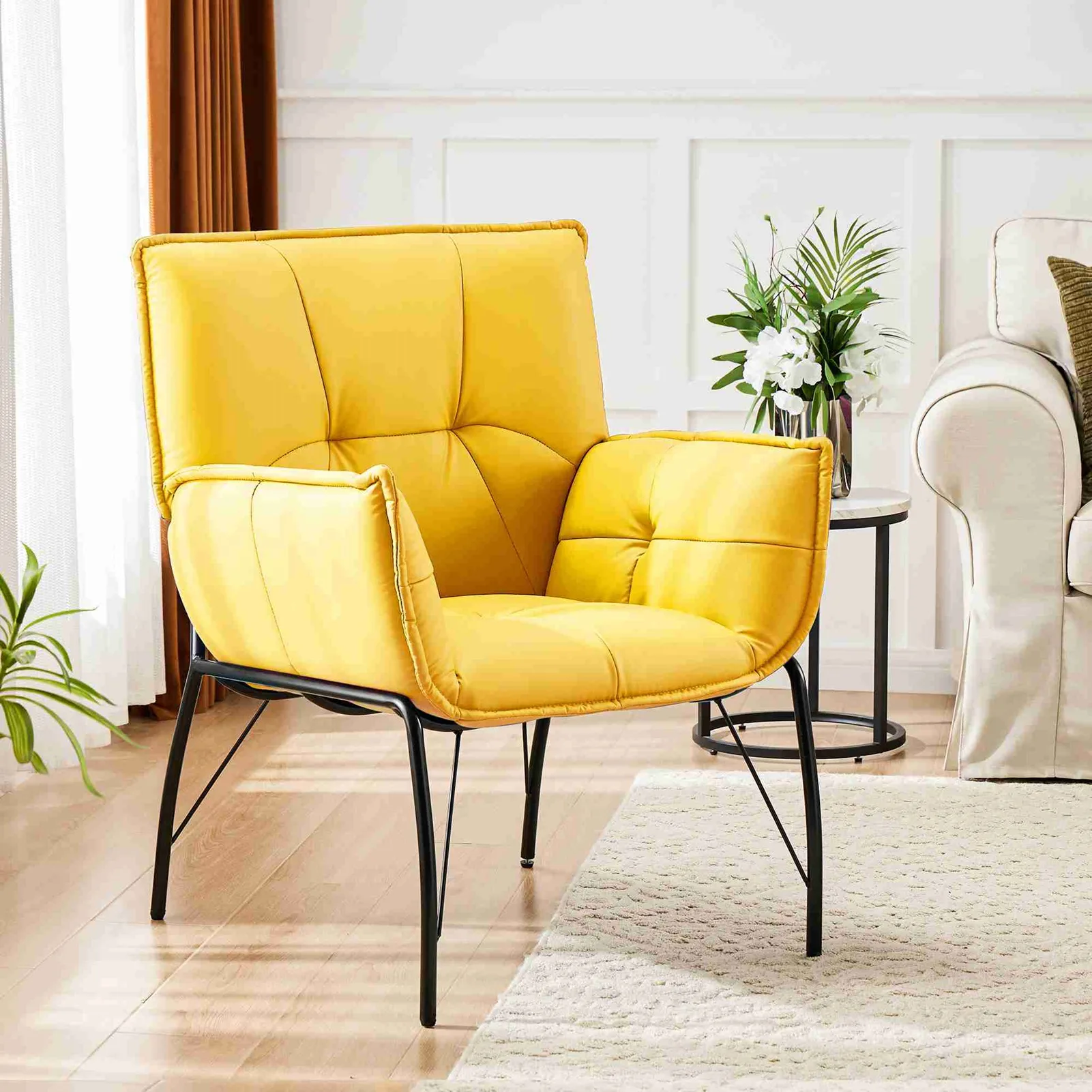 

Body Hugging Chair Metal Legs Faux Sponge Filling Modern Chair For Reading Room Relaxing Room Yellow Lounge Accent Chair