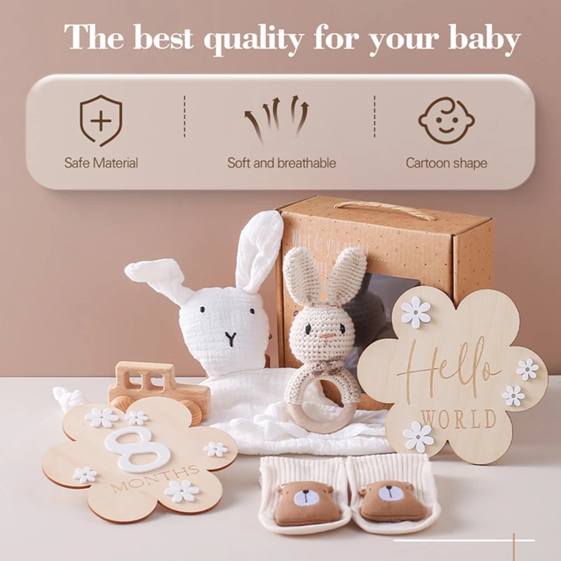 Baby Month Milestone Cards Flower Shape Record Card Rabbit Double Sided Cotton Blanket Crochet Rattles Bracelet Towel Baby Gifts