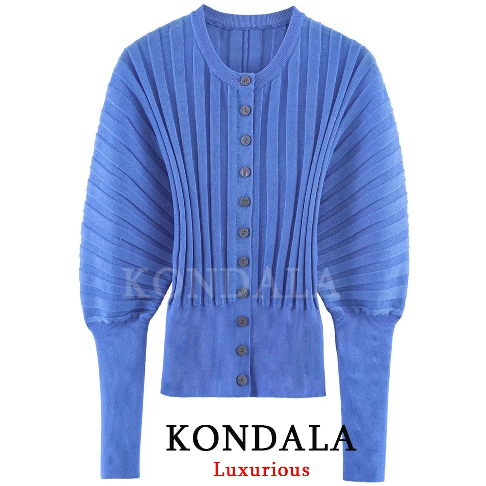 KONDALA Streetwear Casual Chic Women Cardigan Blue O-Neck Single Breasted Knitted Top Fashion 2026 Spring Holiday Party Cardigan