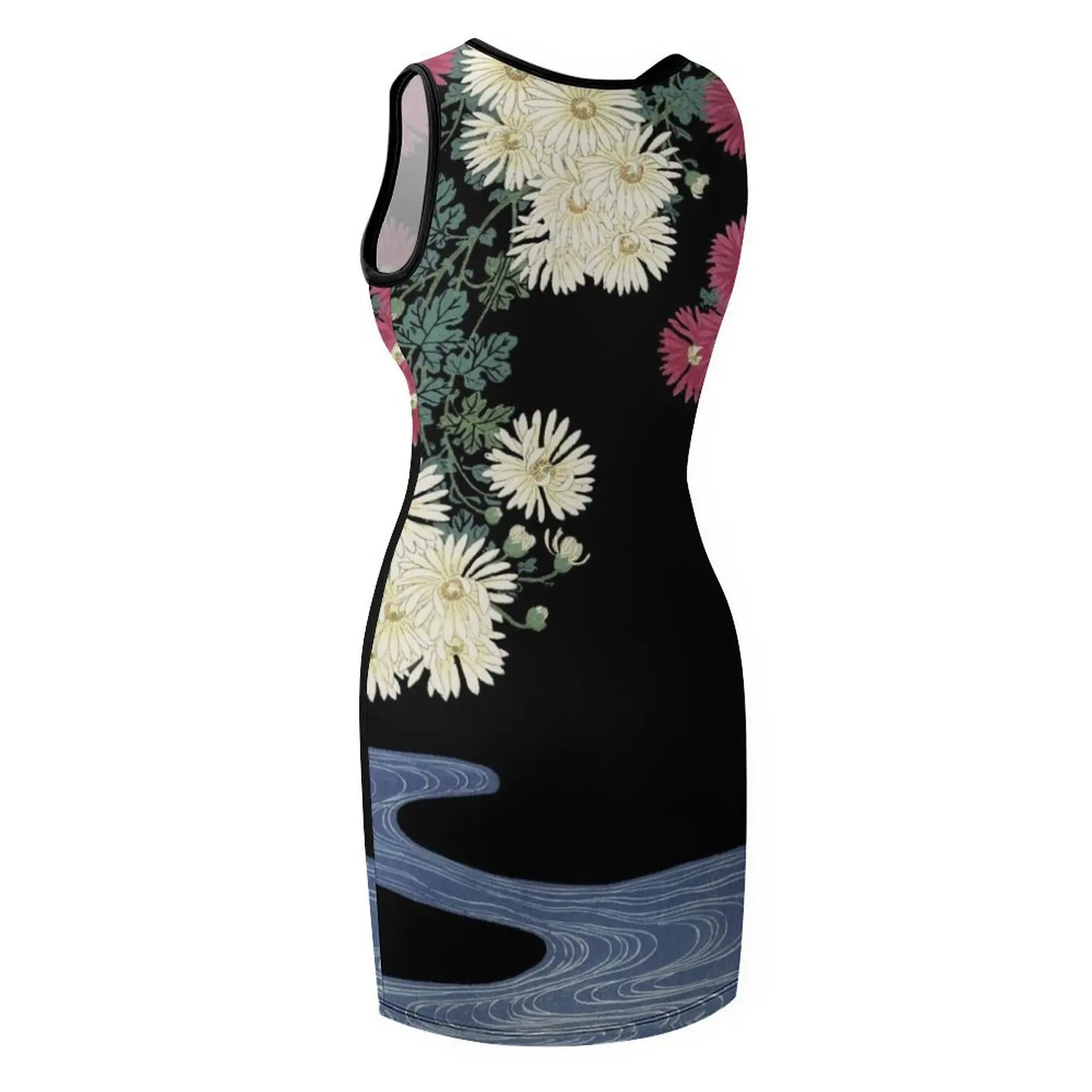 ชุดเดรสลายดอกเบญจมาศและน้ำไหลแบบโบราณสไตล์ญี่ปุ่น ชุดเดรสแขนกุดสำหรับผู้หญิง