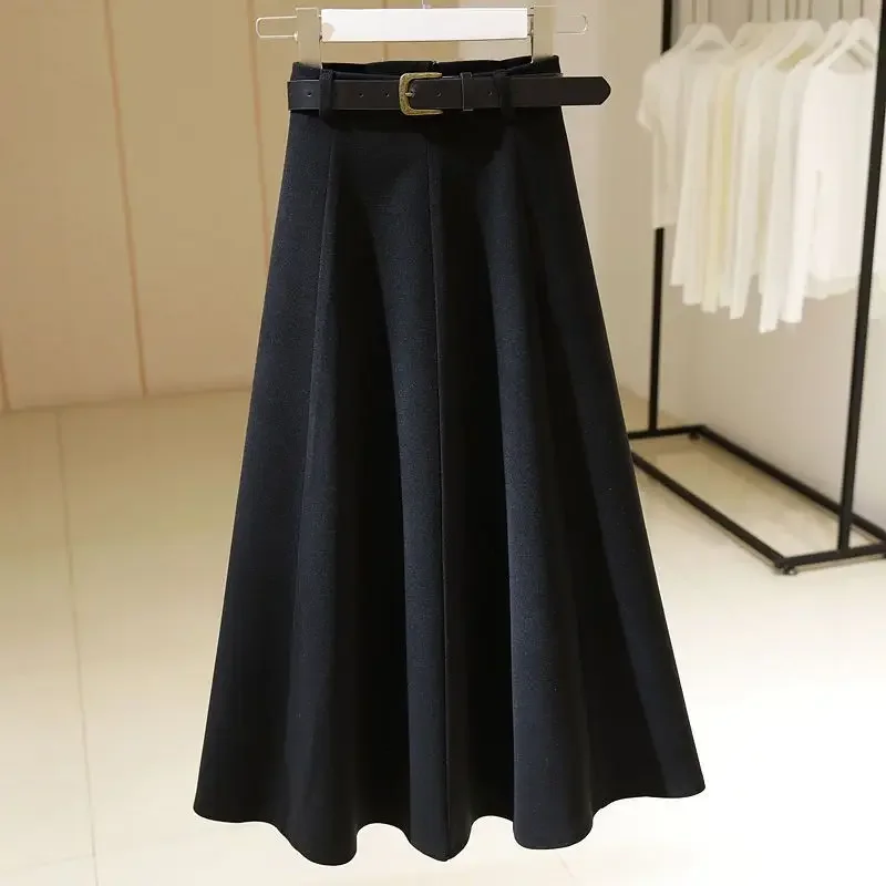 ใหม่ High End Midi กระโปรงผู้หญิงฤดูใบไม้ผลิฤดูใบไม้ร่วงแฟชั่น Slim High เอวสีทึบ Elegant Office Lady Woolen กระโปรงกับเข็มขัด