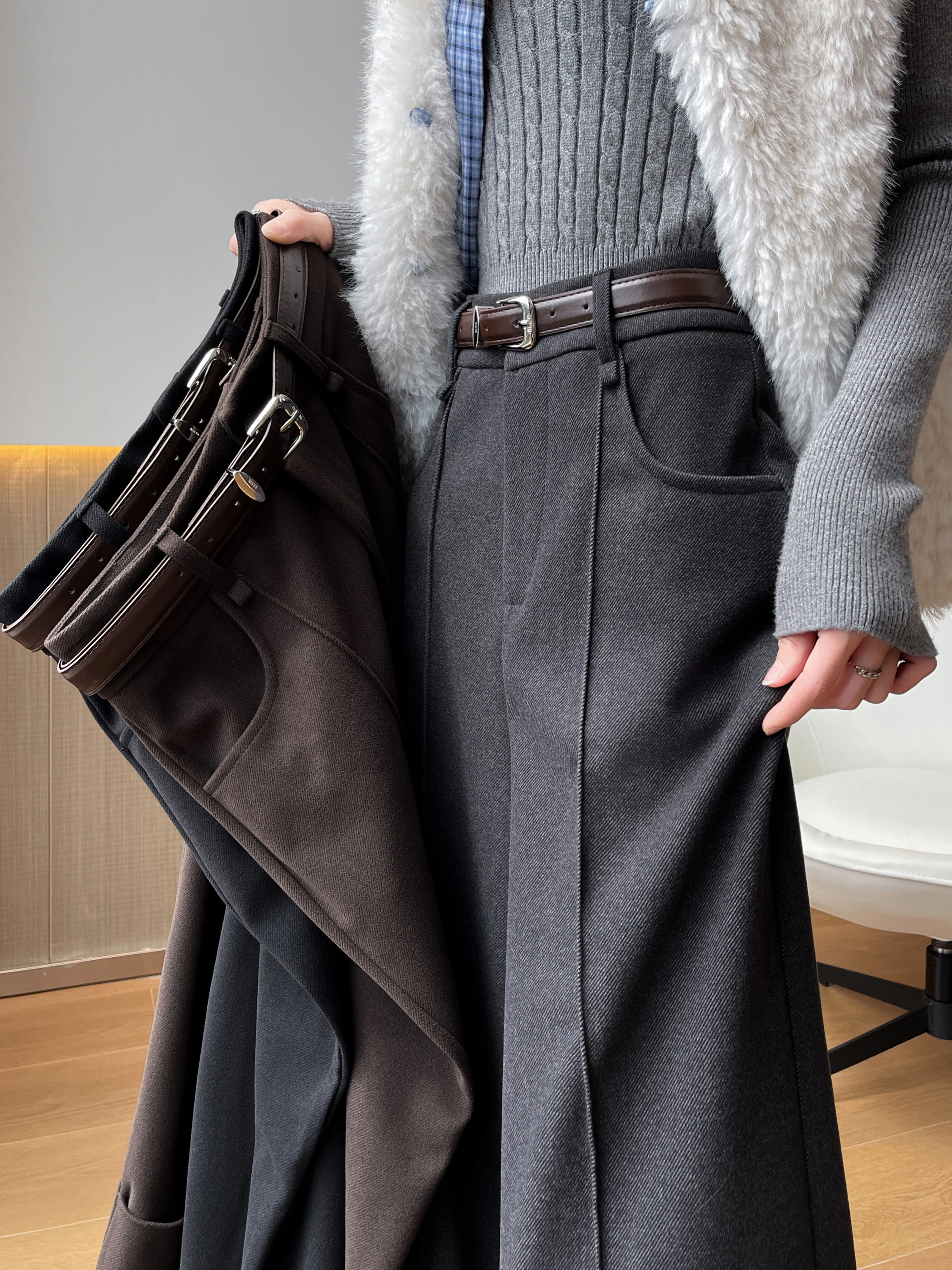 กางเกงขายาวทรงตรงผ้าวูลสำหรับผู้หญิง สไตล์ลำลอง ใส่ได้ทั้งฤดูใบไม้ร่วงและฤดูหนาว ไซส์เล็ก เอวสูง ทรงหลวม