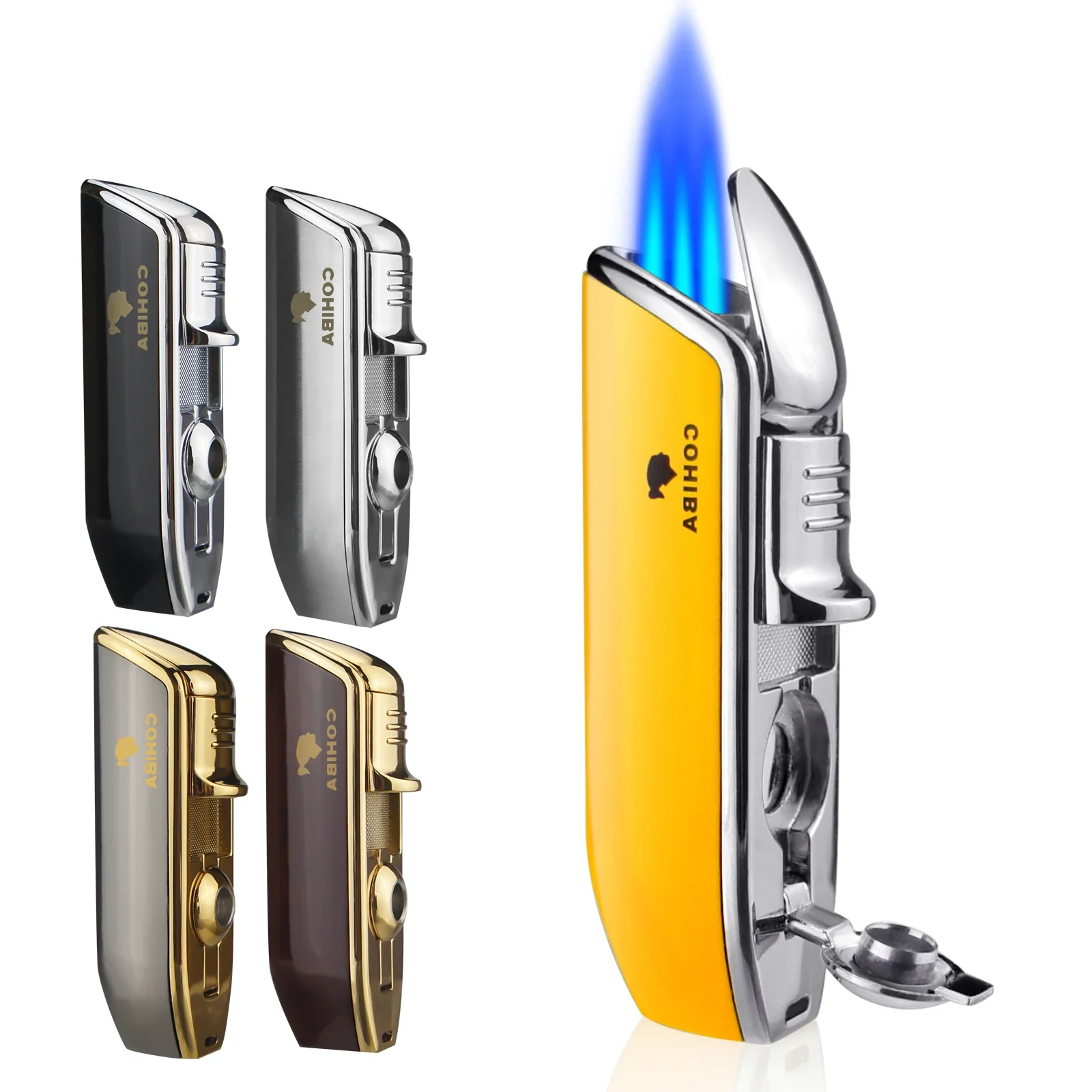 COHIBA-Windproof Mini Pocket Metal Cigar Lighter, 3 Jet Blue Flame Torch, Cigarette Lighters with Cigar Punch, No Gas, New