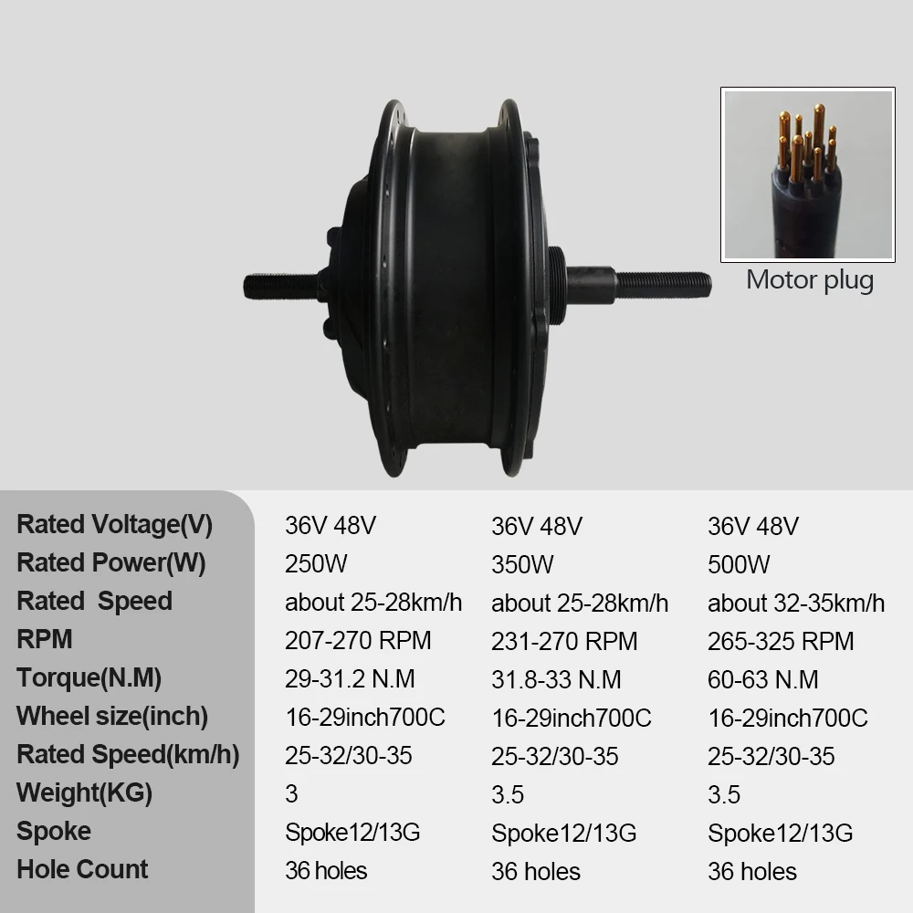 Electric Bicycle Brushless Gear Hub Motor, Front and Rear Wheel Drive, E-Bike Motor, 36V, 48V, 250W, 350W, 500W