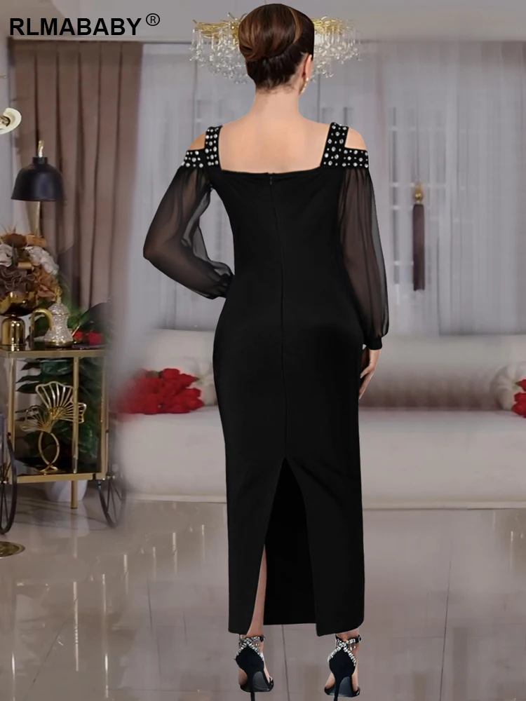 RLMABABY elegante diamante cuello cuadrado hombro recortado mujeres fiesta vestido largo ajustado Sexy Club negro vaina Maxi vestido