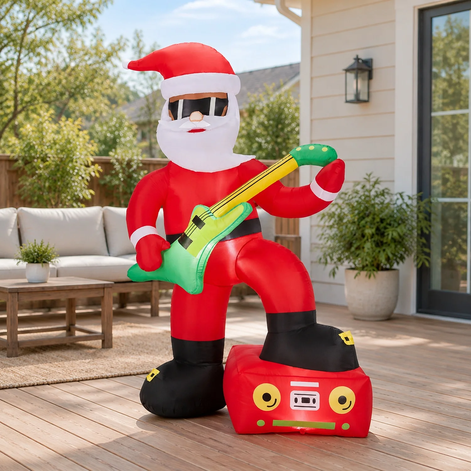 7.5FT Lighted Christmas Inflatable Decoration, Black Santa Playing Electric Guitar, Funny Blow Up Yard with Built-in LED for