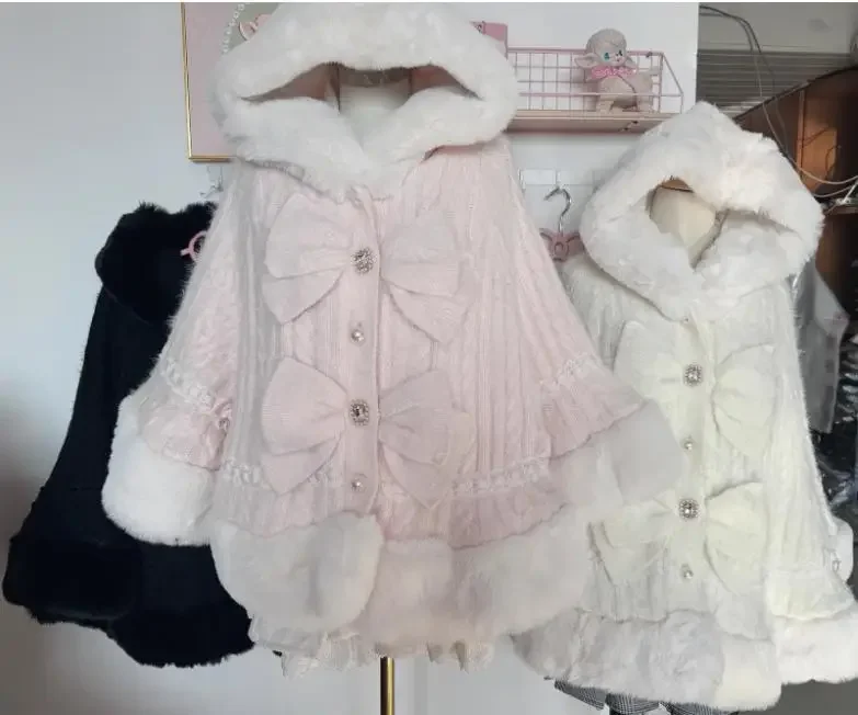 Japanese Liz Sweet Princess Faux Rabbit Fur Cape Coat Women Autumn Winter Fur Jacket Loose Clock Rhinestone Bow Hooded Coat