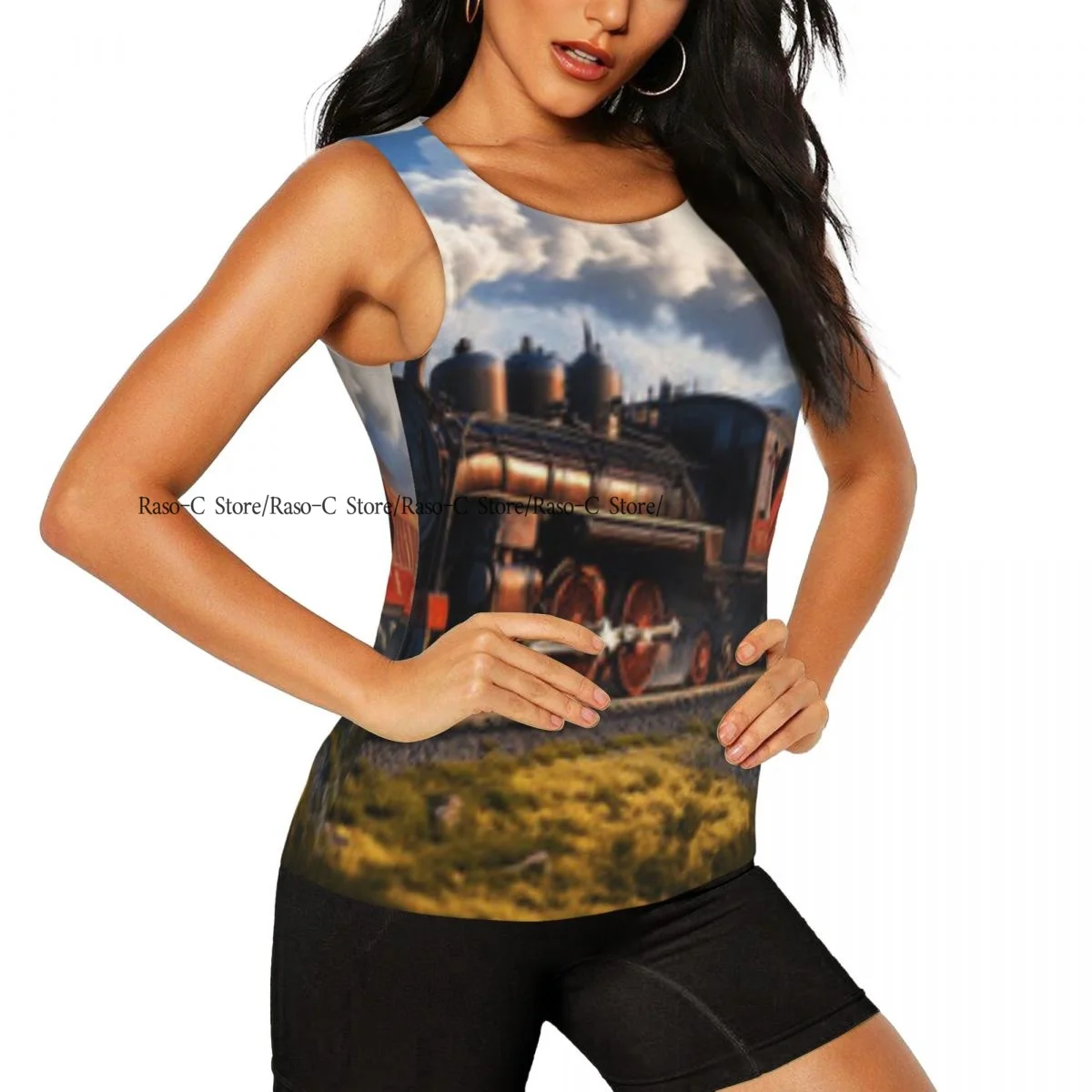 المرأة بلا أكمام اليوغا تانك الأعلى خمر قطار البخار السفر المناظر الطبيعية الجبلية سريعة الجافة تشغيل سترة رياضية قمصان اليوغا