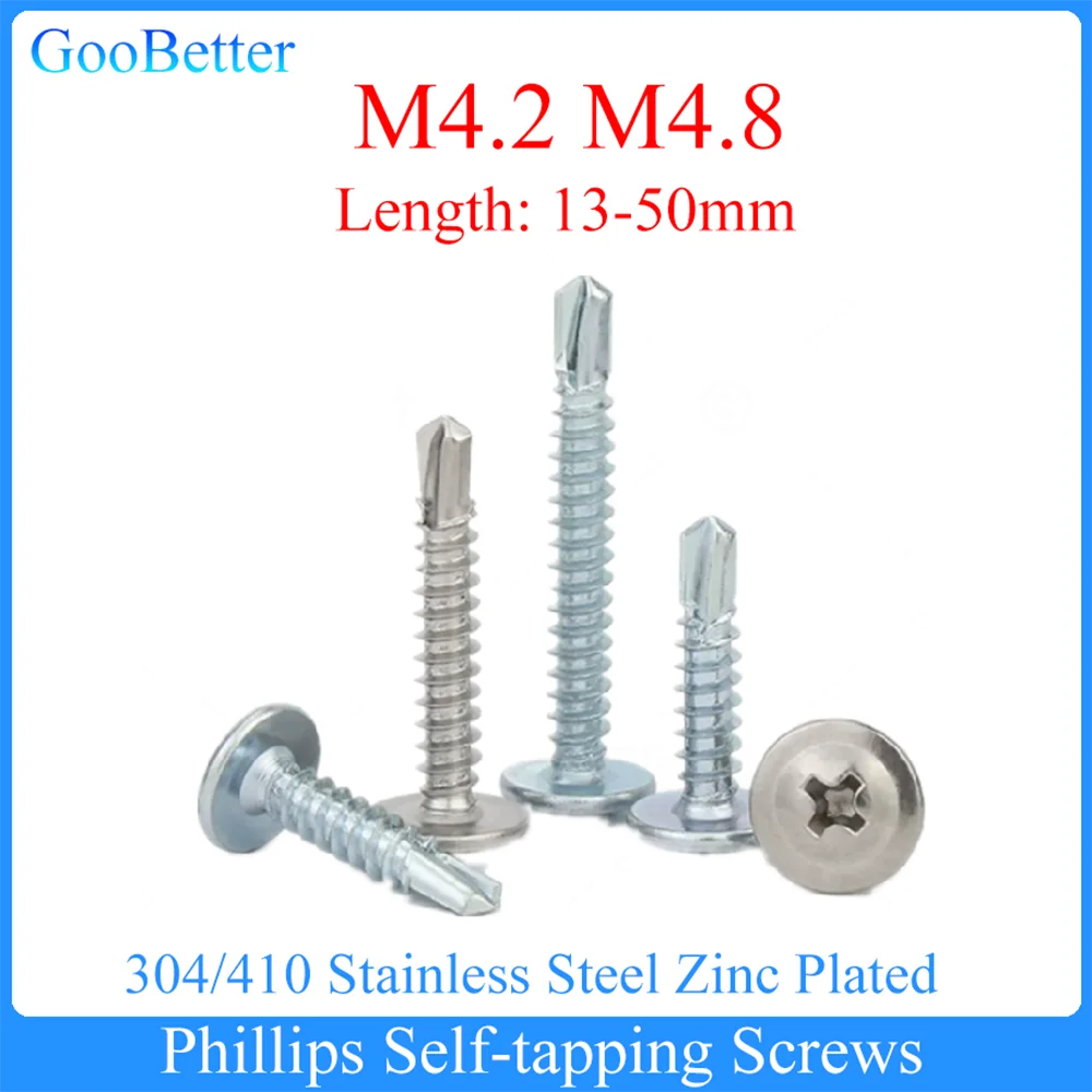 

50Pcs/lot M4.2 M4.8 304/410 Stainless Steel Zinc Plated Large Flat Head Self-tapping Screws Drilling Tail Screw Length=13-50mm