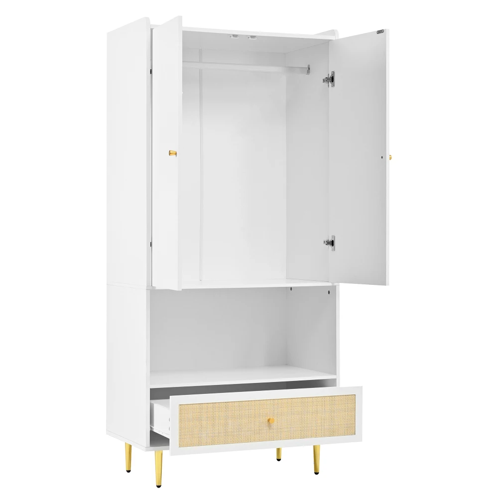 PINGGO Weißer Kleiderschrank mit 2 Türen, Rattanschublade, Metallbeinen und Griffen, 80x48x175cm, für Schlafzimmer und Wohnzimmer – Detail 17