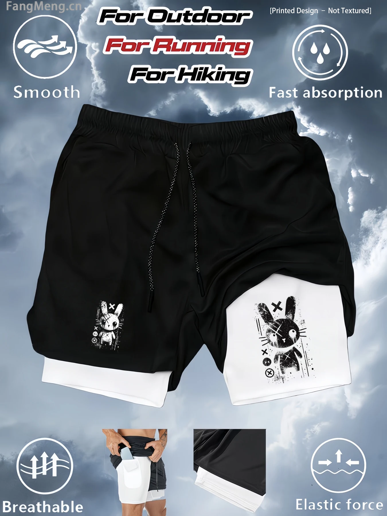 Men's printed 2-in-1 fitness running shorts, multi-functional gym sports shorts with compression lining, phone bag and towel rin
