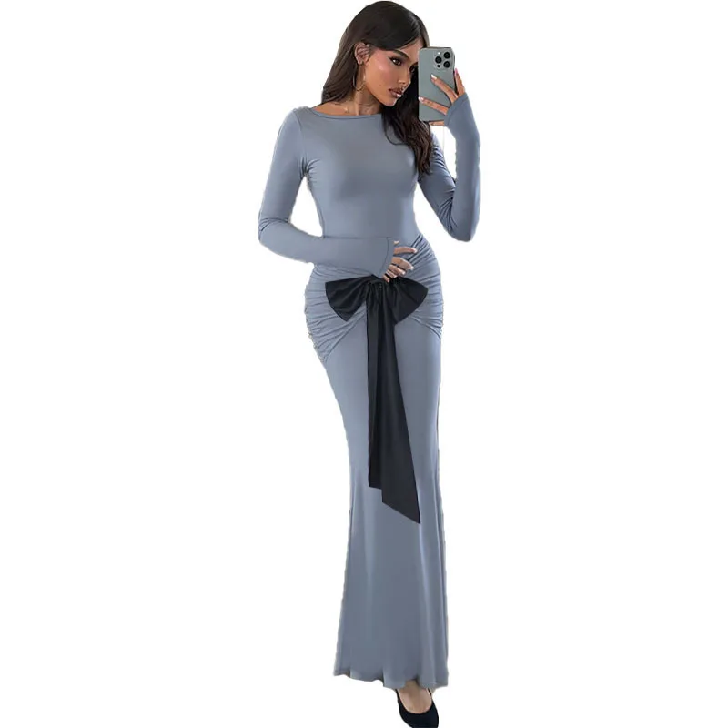 ZX25252PFO Vestido ajustado de manga larga con pajarita elegante y adelgazante, superventas