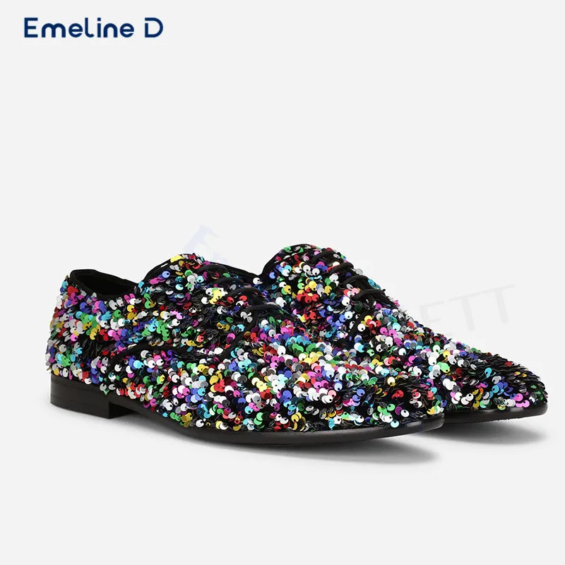 Colorful Sequined Lace-Up Shoes Slip-On Round Toe Thick Heel Performance Shoes Exaggerated Fashion Large Size Men's Shoes