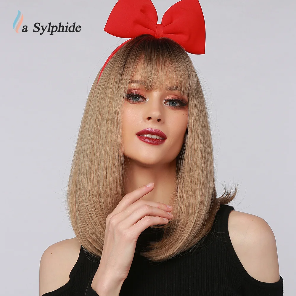 La Sylphide Synthetic Wig Long Straight Root Dark Brown Ombre Brown Bob Inner Buckle with Bangs for Woman Wigs Daily Use Party