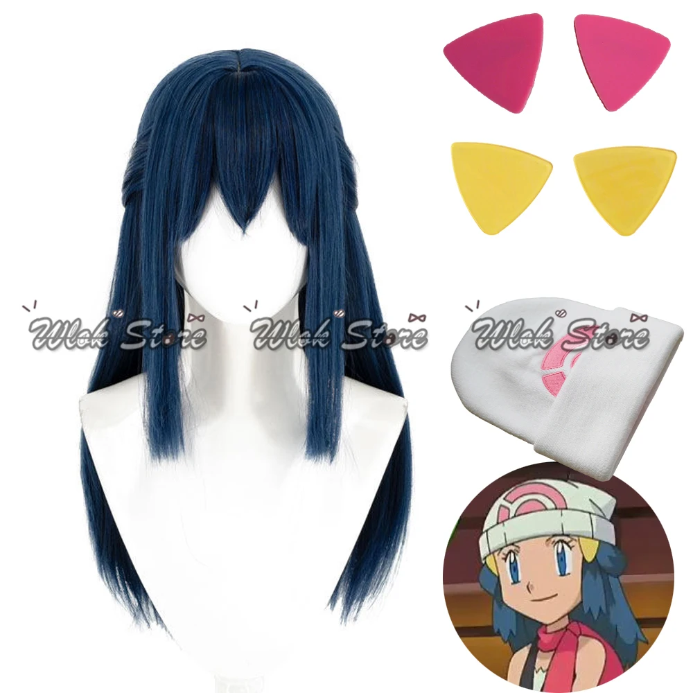

Anime Dawn Hikari Cosplay Wig Heat Resistant Navy Blue Hair Long For Women Halloween Party Accessories Headwear Hairclips Beanie