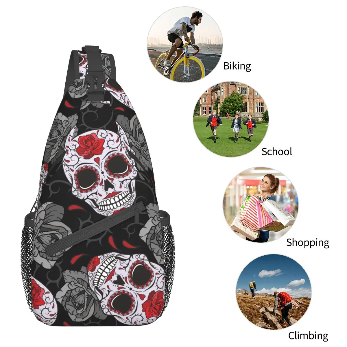 Sugar Skull Halloween Crossbody Sling Bag Pequeno Saco Peito Gótico Dia dos Mortos Ombro Mochila Daypack Caminhadas Saco De Ciclismo