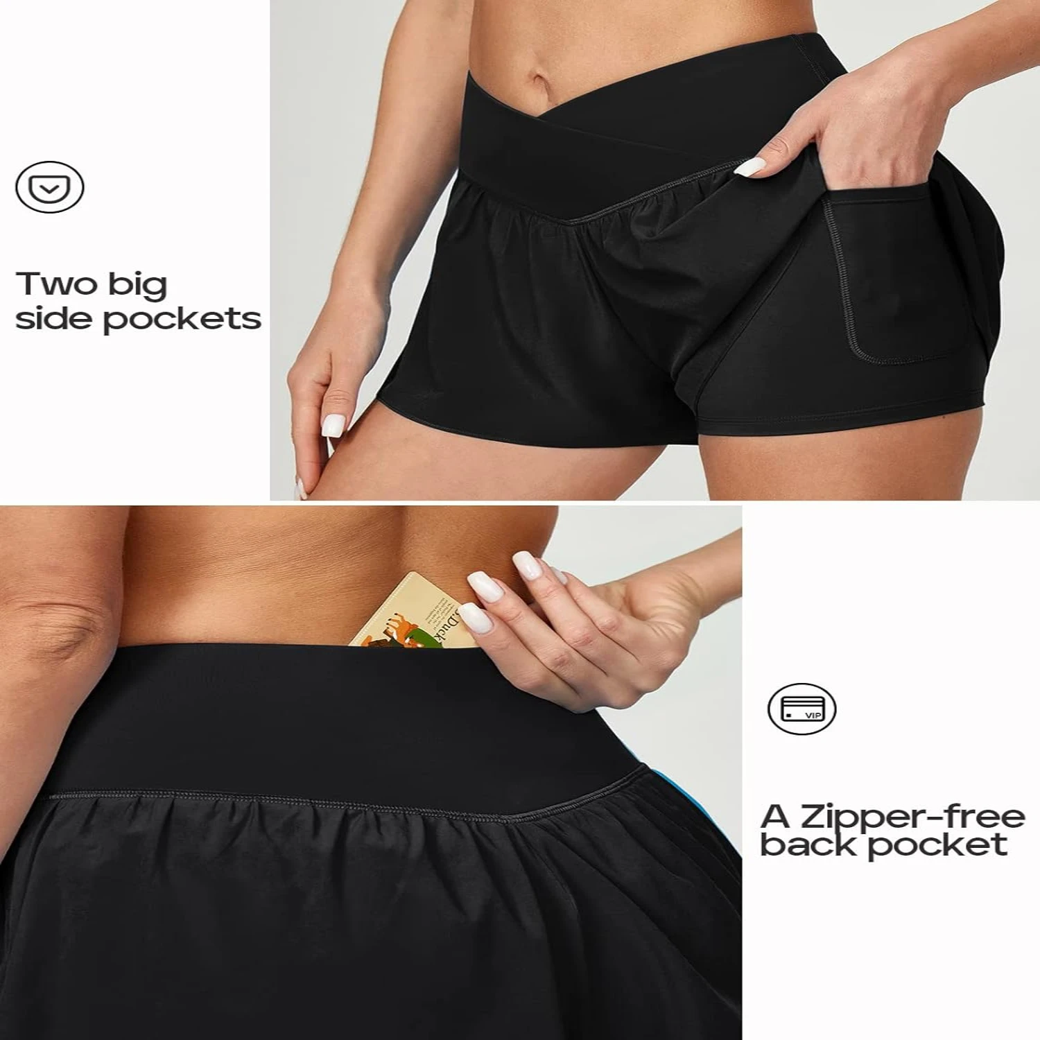 

High Waisted Crossover Flowy Athletic Shorts for Women - 2 in 1 Shorts with 3 Pockets - Stylish Running Shorts for Active Women