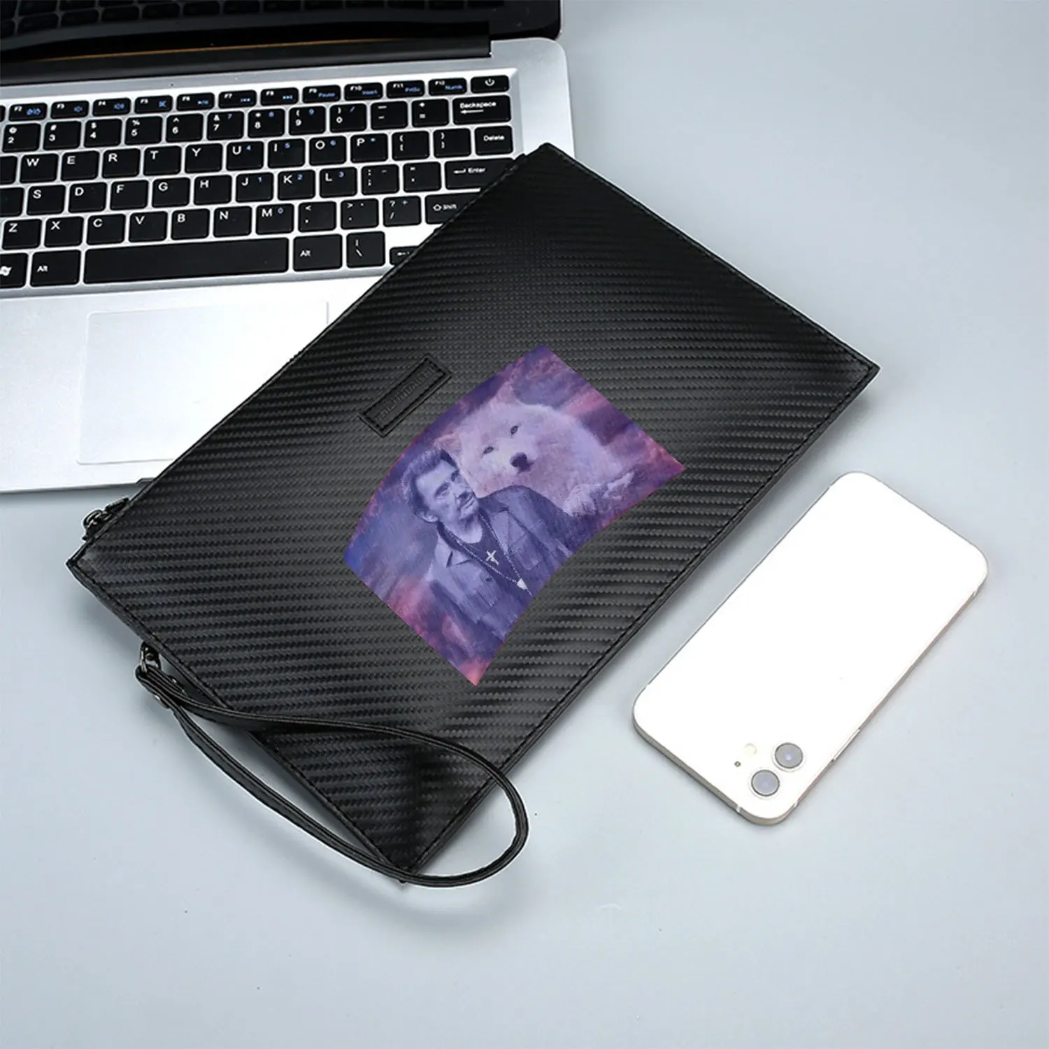 Collar con retrato de lobo para hombre, bolso cruzado elegante con estampado de PU, moderno y práctico para llevar todos los días