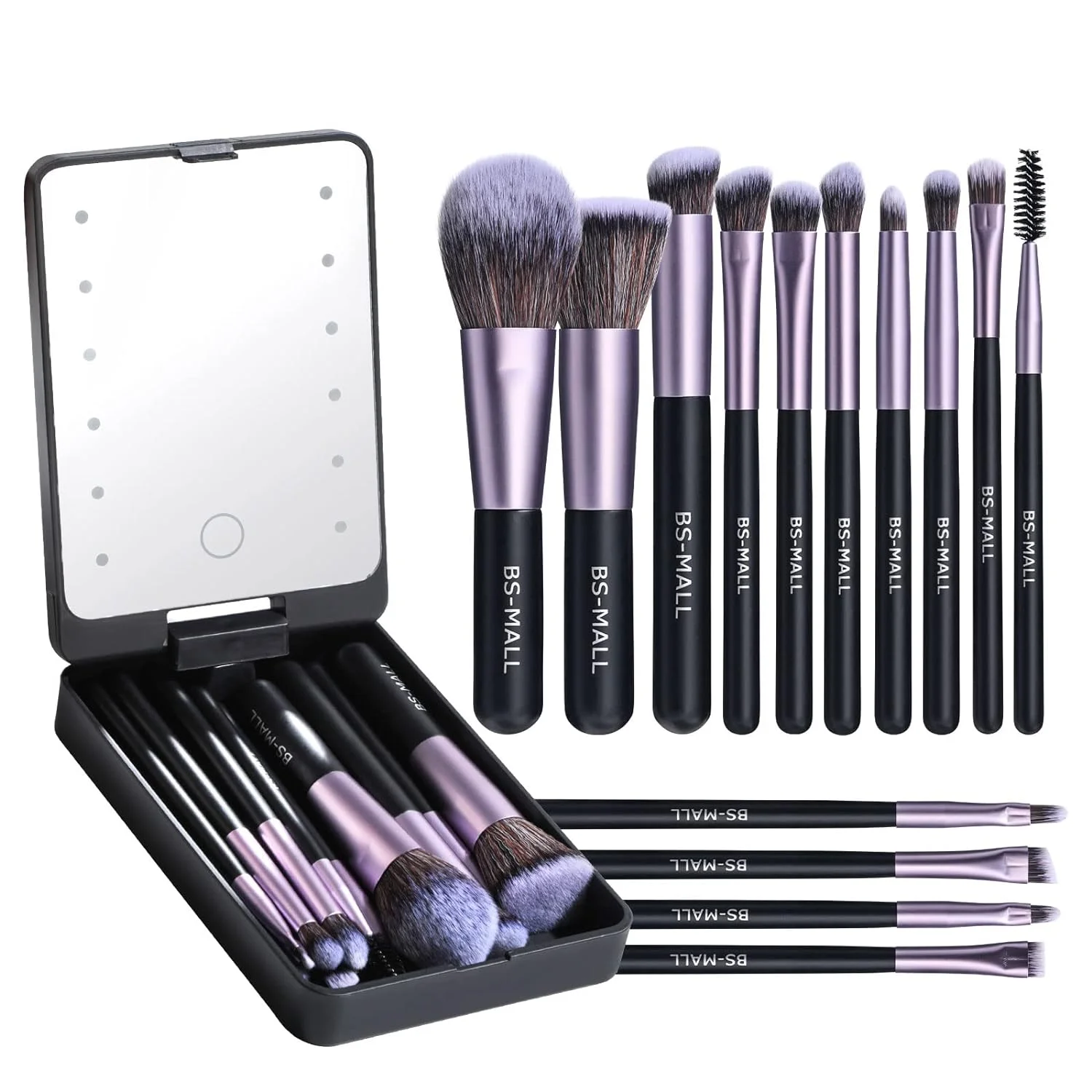 Travel Makeup Brush Set Foundation Powder Concealers Eye Shadows Makeup Set with LED light Mirror 14 Pcs (Purple)