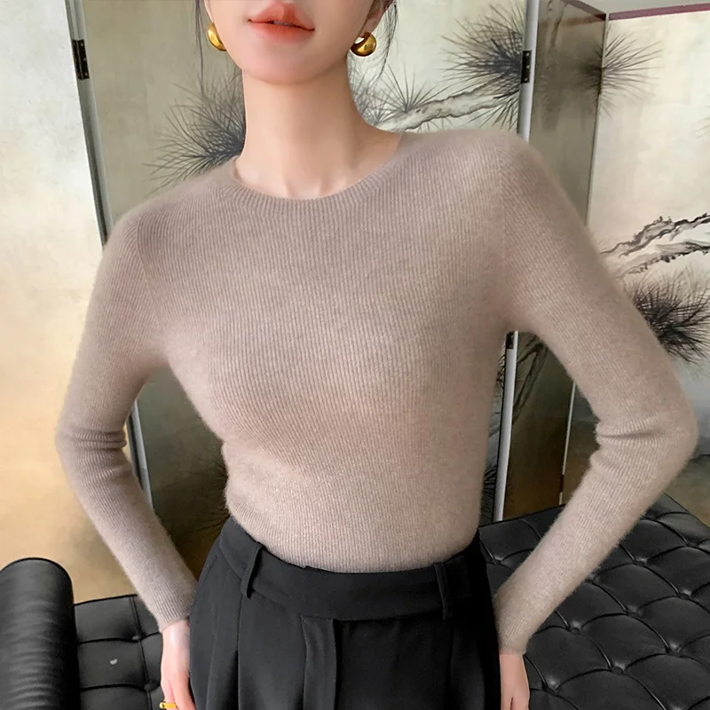 

First-line ready-to-wear seamless round neck sweater women's 100% pure wool new slim pullover sweater knitted bottoming shirt