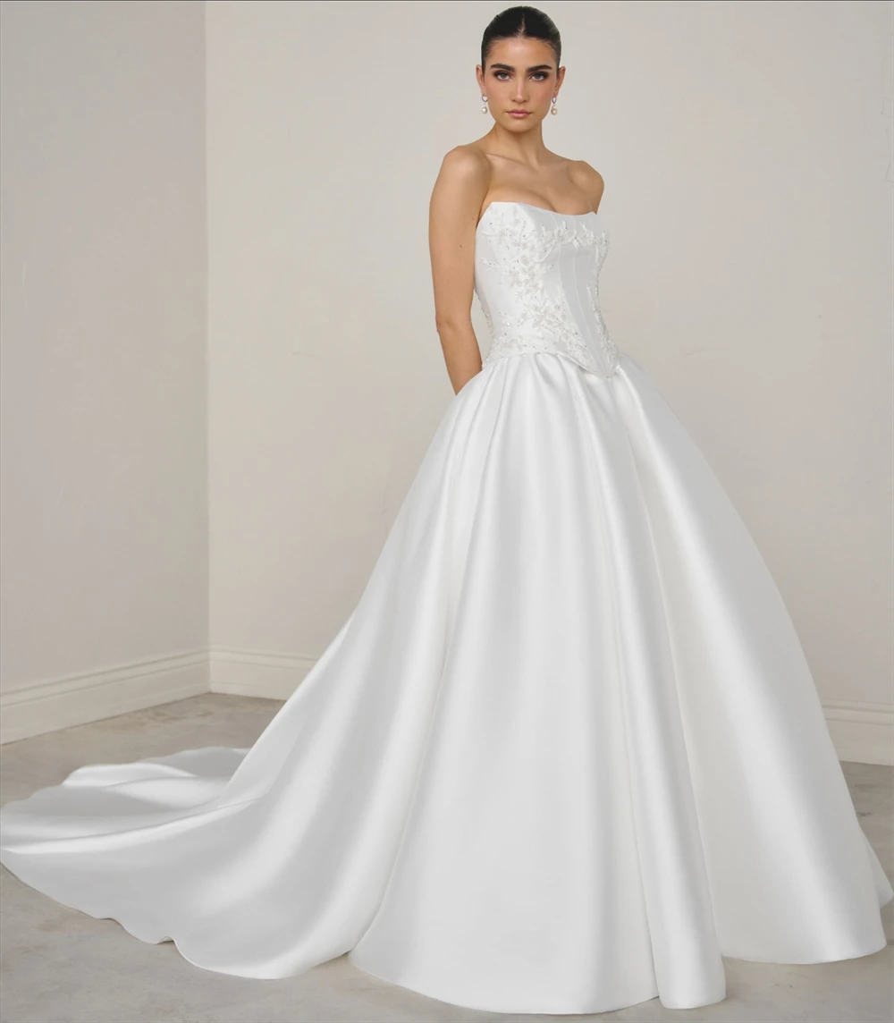 

Customized Elegant White Satin Wedding Dress Formal Strapless Sleeveless Bridal Gowns Boho A-Line Court Train Vestido De Novia