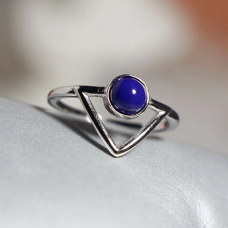 S925 Sterling Silver Rings US Retro Personality Triangle Lapis Fine Jewelry