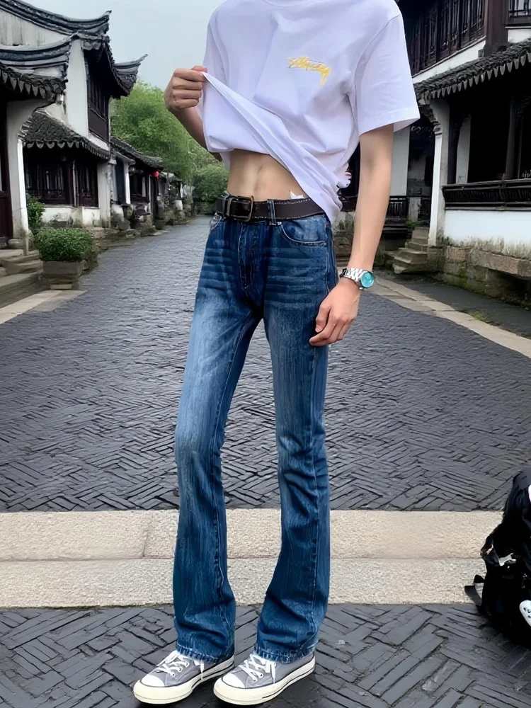 Vintage American High Street Vibe Water Washed Bamboo Cotton Slim Fit Bell Bottom Jeans Men's Casual Fashion Brand