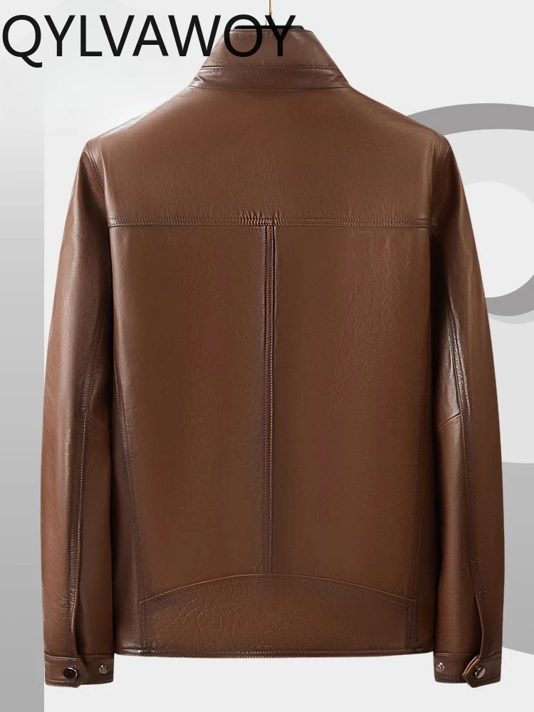 QYLVAWOY 2025 Autumn Winter New Top-Grain Cowhide Real Leather Men's Jacket Stand-Up Collar Lapel Middle-Aged Outerwear LJ2638