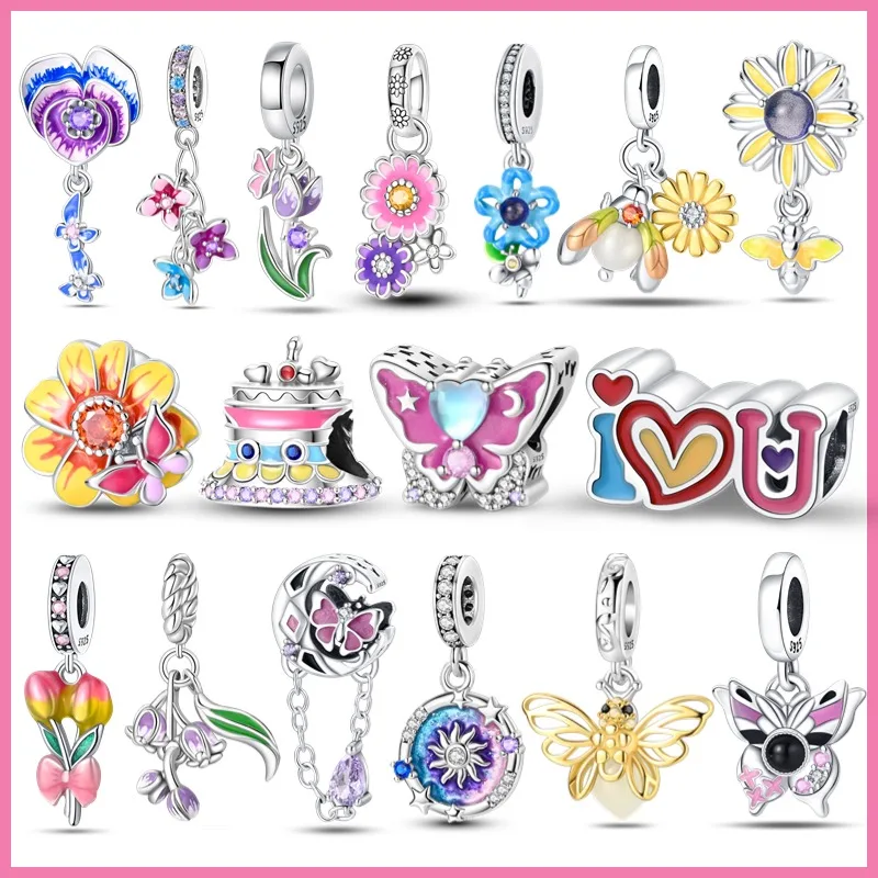 2024 New 100% 925 Sterling Silver Spring blossom Colorful Tulips Bee Butterfly Charms Fit Pandora Bracelet DIY Jewelry Making