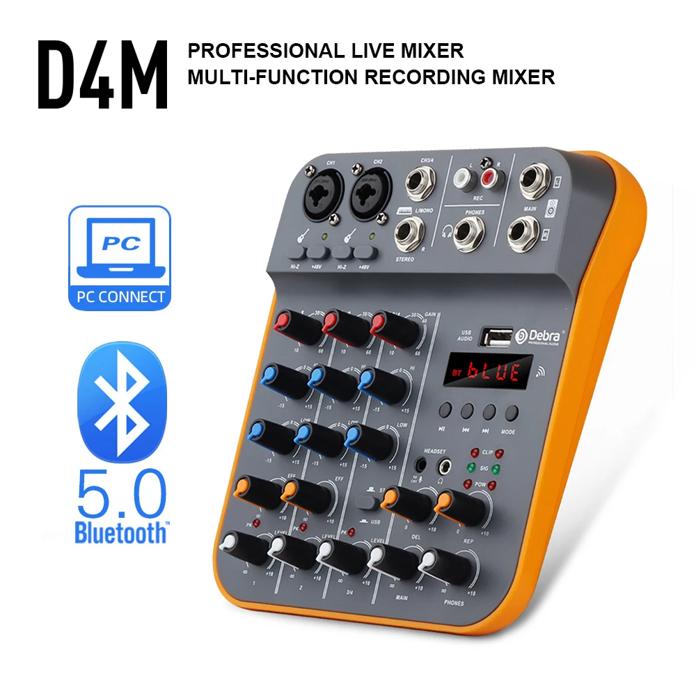 

New 4-Channel Audio Mixer DJ Mixing Console with Bluetooth 5.0 48V Phantom Power for PC Recording, Microphone Live Streaming