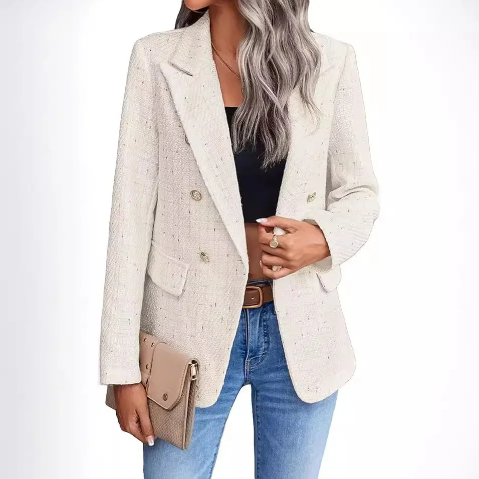 European and American New Fashion Coarse Tweed Suit Jacket, Women's Fashion Casual Lapel Single-button Jacket, Button Decoration