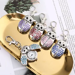 New Fashion Cute Flip Style Small Owl Necklace Hanging Watch Keychain Cartoon Pocket Watch On Chain Pendant Birthday Gifts