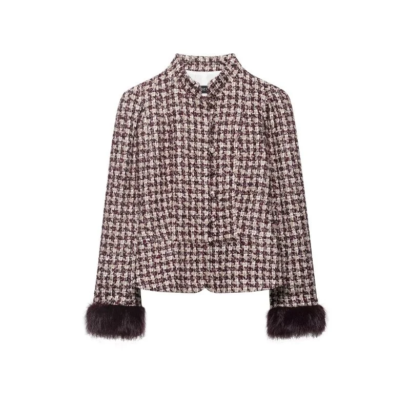 2026 Faux Fur Cuff Plaid Jacket for Women, Spring Slim Fit Casual Tweed Coat, Office Commute & Daily Wear Fashion Outerwear