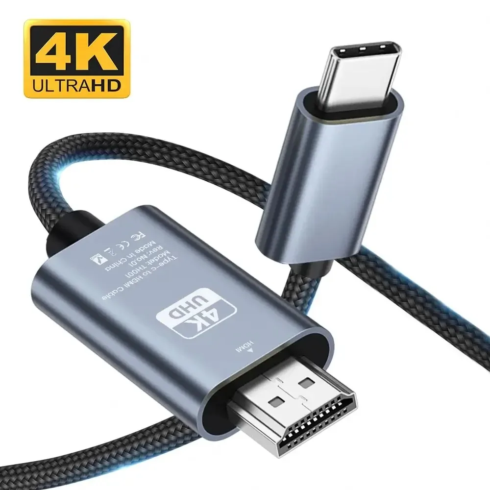 4K 60Hz Type-C to HDMI-compatible Cable Aluminum USB C to HDMI-compatible Cord Support Thunderbolt 3 4 for iPhone 15 MacBook