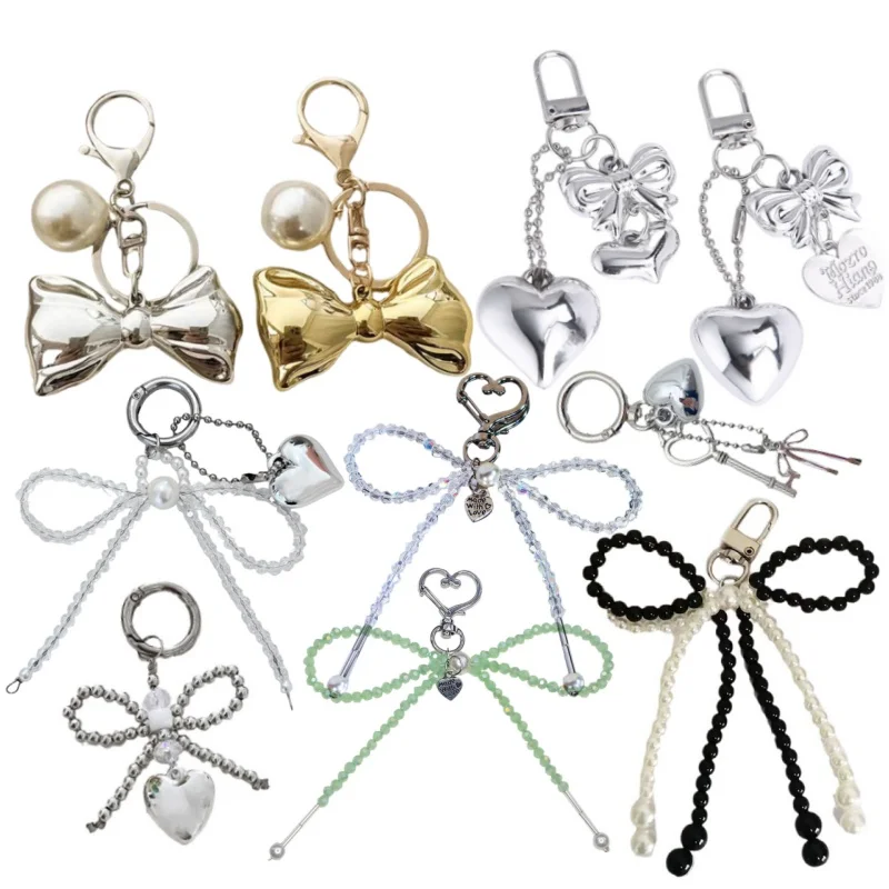 Korean Cute Bow Pearl Phone Pendant Chain Y2K Heart Charm Strap Phone Accessories For Phone Camera Bag Keychain Airpods