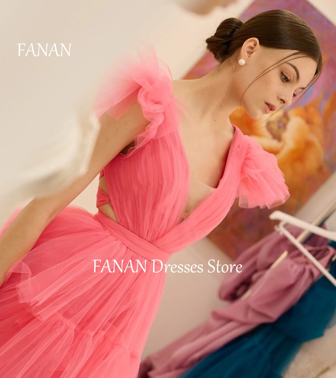 

FANAN Deep V-Neck Criss-Cross Evening Party Dresses Korea Simple Tiered Elegant Wedding Women Formal Gowns Event Prom Gowns