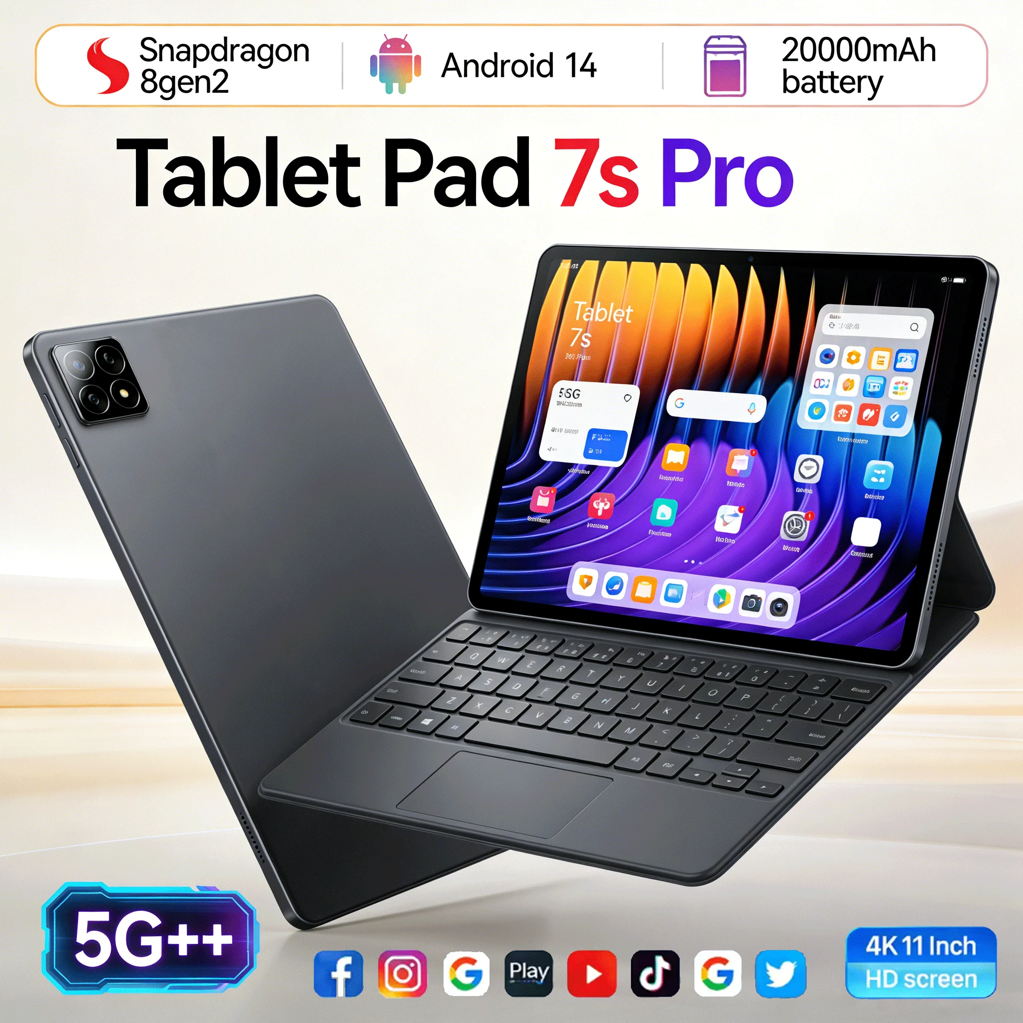 Планшет 2026 7S Pro на Snapdragon 8 Gen2, Android 14, 22 ГБ + 2 ТБ, 5G, две SIM-карты, 4K HD, GPS, Wi-Fi, глобальная версия